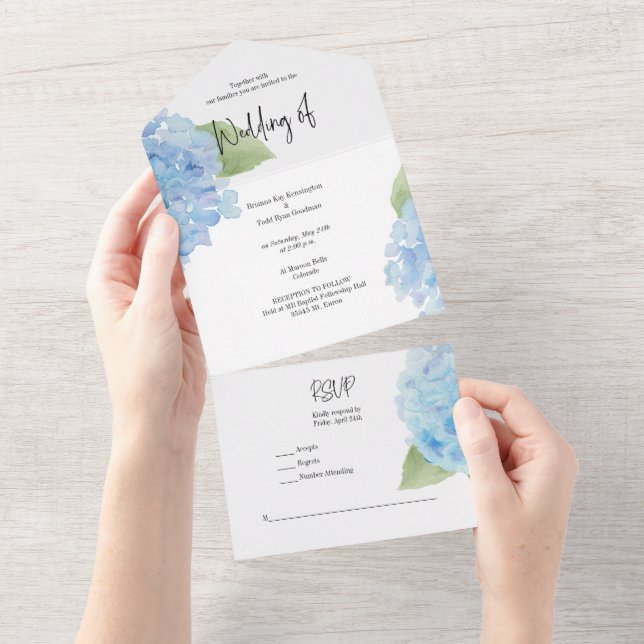 All in One Blue Watercolor Hydrangea Invitation (Déchirure)