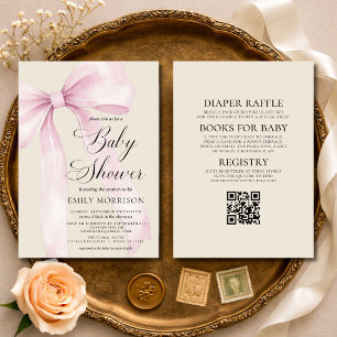 All in One Blush Pink Bow Linen Baby Shower Invitation