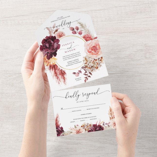 All in One Boho Pampas Grass Wedding Invite (Tearaway)