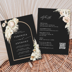 All In One Boho Protea Pampas Grass Wedding Black Invitation