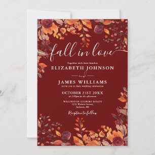 All In One Burgundy Fall In Love QR Code Wedding Invitation
