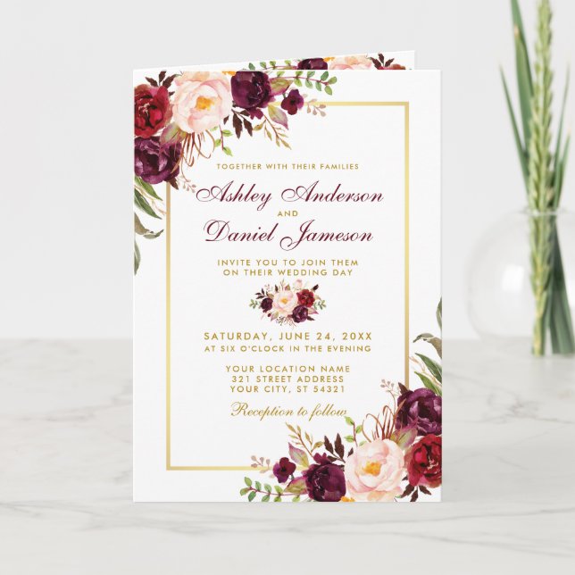 All In One Burgundy Floral Gold Wedding Invitation (Front)