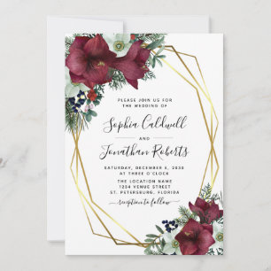 All in One Burgundy Floral Gold Winter Wedding Invitation