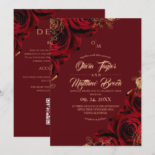 All in One Burgundy Gold Roses Wedding Invitation