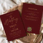 All in One Burgundy Gold Wedding QR Code Script Invitation<br><div class="desc">Introducing our Gold Wedding Modern Typography Script Invitation: Make a statement with our elegant wedding invitations featuring modern typography and luxurious black and gold accents. Crafted with meticulous attention to detail, these invitations exude sophistication and style, setting the tone for your special day. The sleek black background is adorned with...</div>