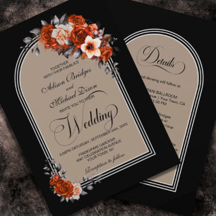 All In One Burnt Orange Floral Arch Black Wedding Invitation