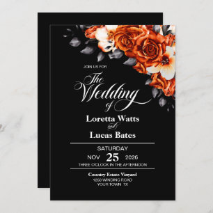 All In One Burnt Orange Rose Floral Black Wedding Invitation