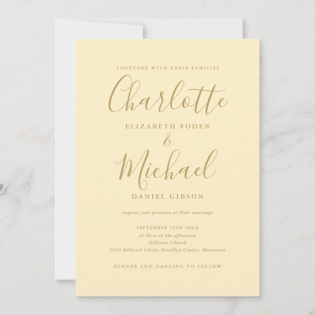 All In One Buttercup Yellow And Gold Wedding Invitation (Front)