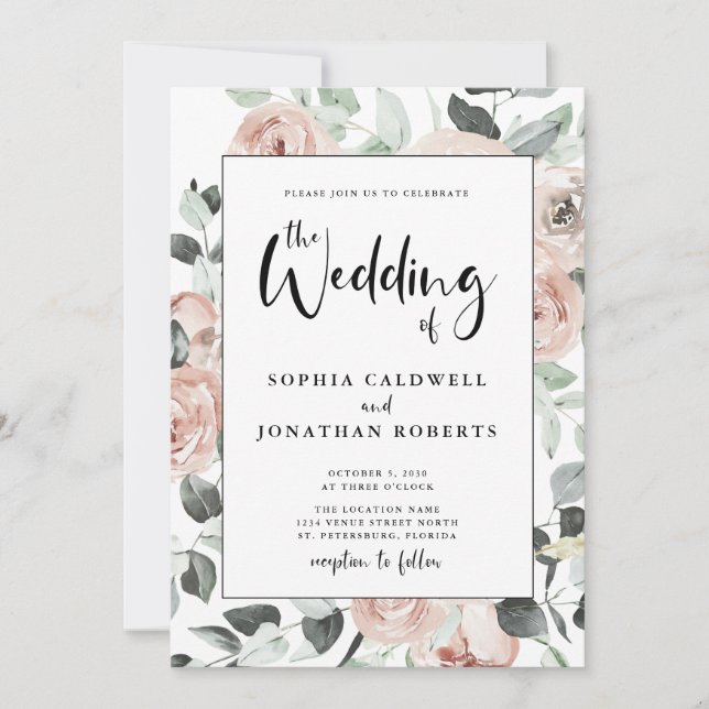 All in One Calligraphy Dusty Pink Roses Wedding Invitation (Front)