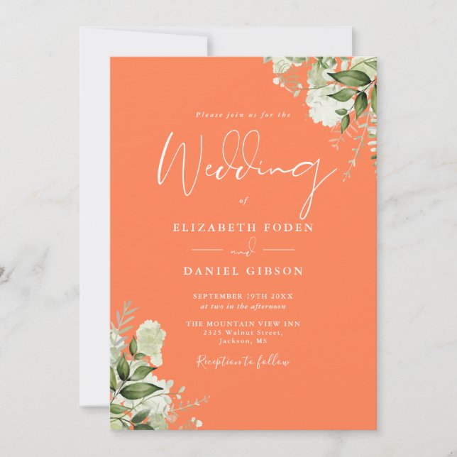 All In One Coral Greenery Floral Wedding Invitation (Front)