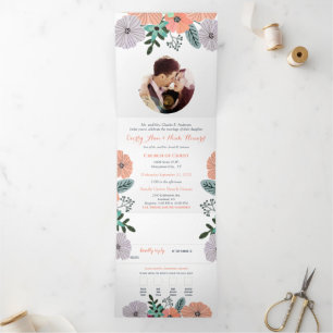 All In One Coral Lavender and Green Floral Wedding Tri-Fold Invitation