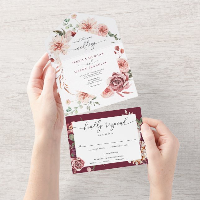 All in One Country Boho Rose Wedding Invitation (Déchirure)