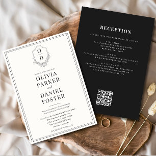 All in One Crest Black & White QR Code Wedding Invitation