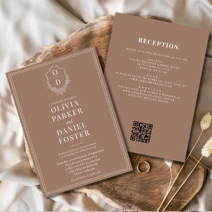 All in One Crest Mocha Brown QR Code Wedding Invitation