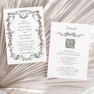 All in One Dark Grey Brown French Floral Wedding Invitation