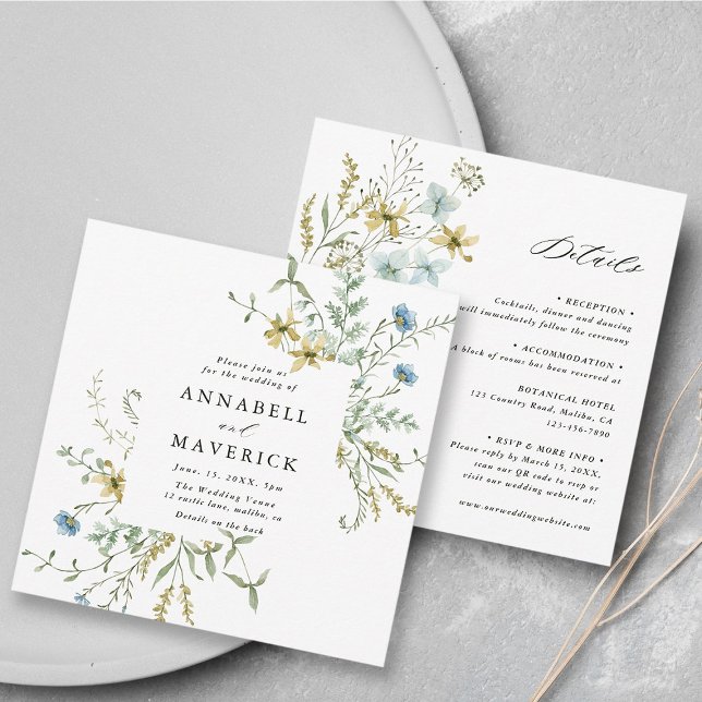 All In One Delicate Wildflower Modern Boho Wedding Invitation (Front & Back)