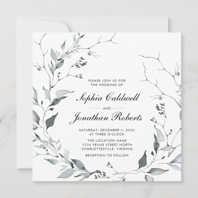 All in One Delicate Winter Wreath Square Wedding I Invitation (Front)