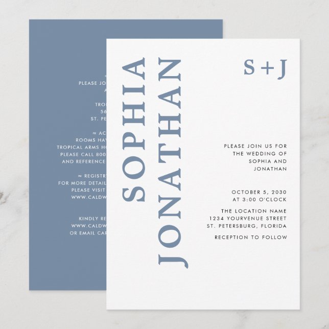 All in One Dusty Blue Bold Typography Wedding Invi Invitation (Front/Back)