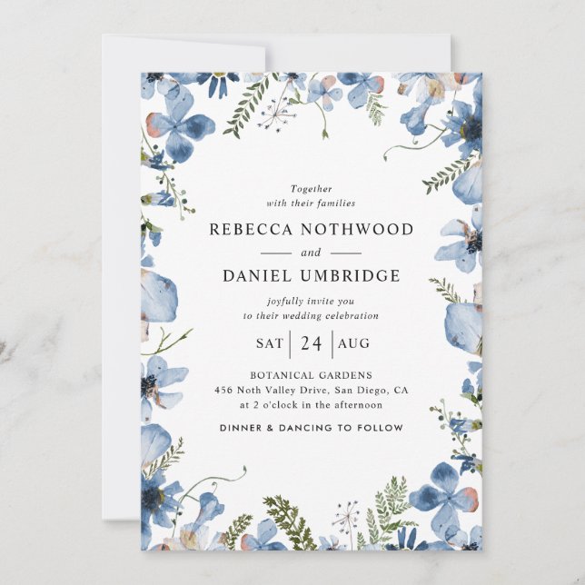 All-in-One Dusty Blue Flowers Wedding  Invitation (Front)