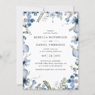 All-in-One Dusty Blue Flowers Wedding  Invitation