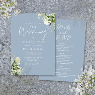All In One Dusty Blue Greenery Floral Wedding Invitation
