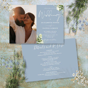 All In One Dusty Blue Greenery Photo Wedding Invitation