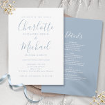 All In One Dusty Blue Simple Chic Script Wedding Invitation<br><div class="desc">Featuring signature style names,  this elegant dusty blue wedding invitation can be personalized with all your special wedding day information on the reverse including your RSVP,  accommodation,  and additional details. Designed by Thisisnotme©</div>