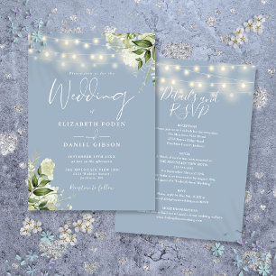 All In One Dusty Blue String Lights Floral Wedding Invitation