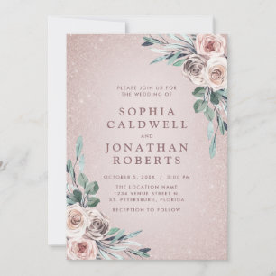 All in One Dusty Pink Roses Boho Glitter Wedding Invitation