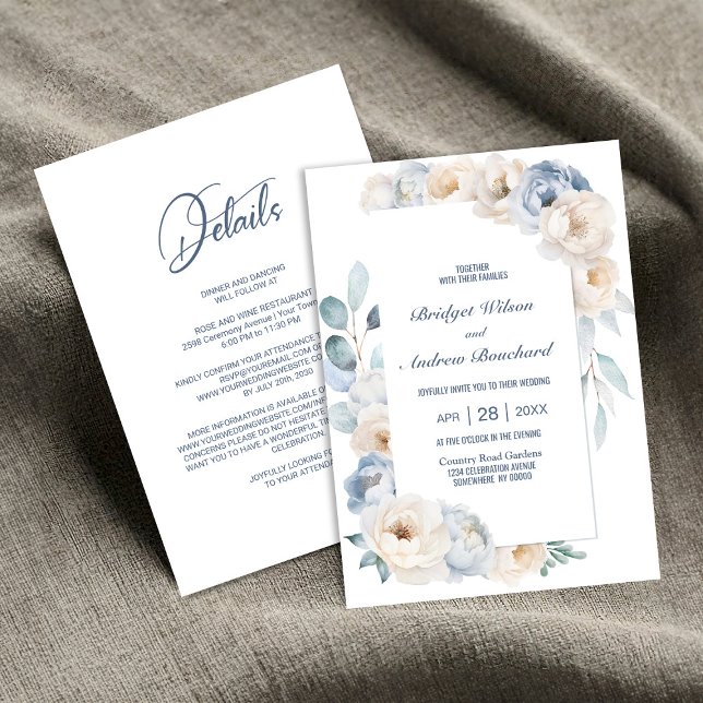 All In One Elegant Blue White Floral Wedding Invitation (Creator Uploaded)