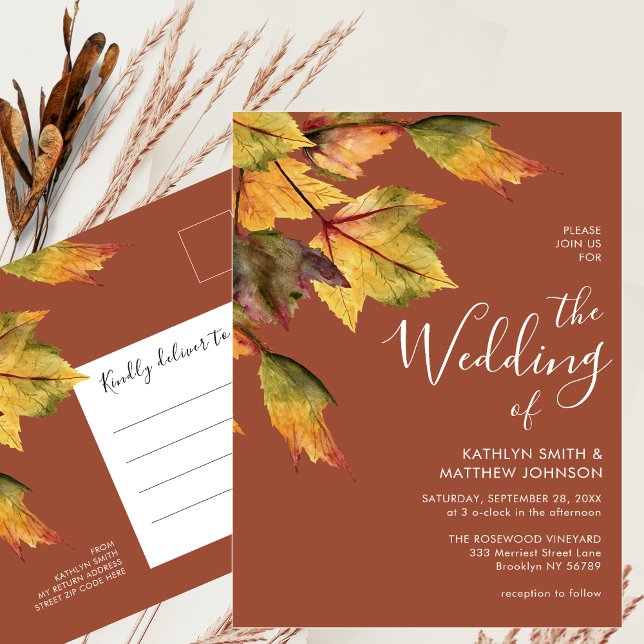 All In One Elegant Brown Autumn Foliage Wedding Invitation Postcard (Creator Uploaded)