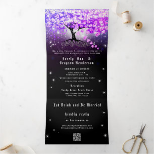 All In One Elegant Purple Pink Heart Leaf Wedding Tri-Fold Invitation