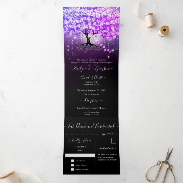 All In One Elegant Purple Pink Heart Leaf Wedding Tri-Fold Invitation (Inside)