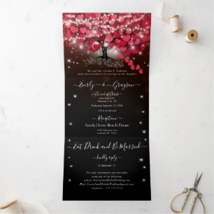 All In One Elegant Red & Pink Heart Leaf Wedding T Tri-Fold Invitation