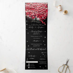 All In One Elegant Red & Pink Heart Leaf Wedding  Tri-Fold Invitation