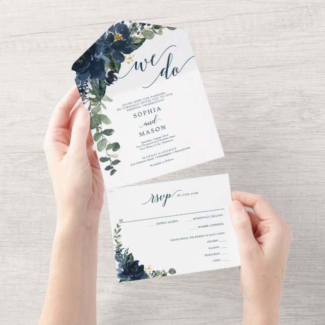 All in One Elegant Royal Navy Wedding Invite (Tearaway)
