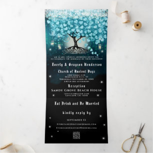 All In One Elegant Teal Aqua Heart Leaf Wedding Tr Tri-Fold Invitation