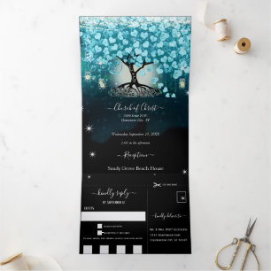 All In One Elegant Teal Aqua Heart Leaf Wedding Tr Tri-Fold Invitation