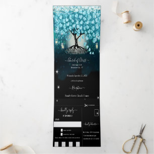 All In One Elegant Teal Aqua Heart Leaf Wedding Tr Tri-Fold Invitation