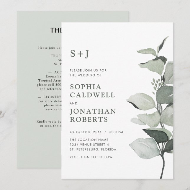 All in One Elegant Watercolor Eucalyptus Wedding Invitation (Front/Back)