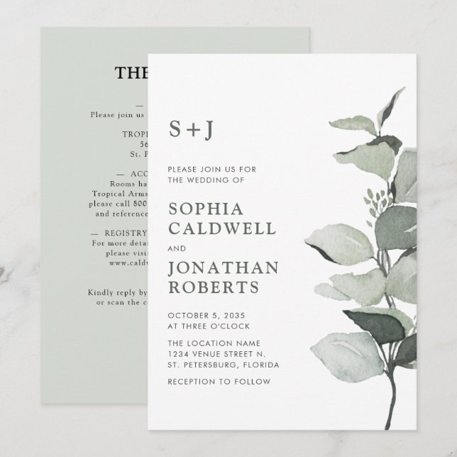 All in One Elegant Watercolor Eucalyptus Wedding Invitation (Front/Back)