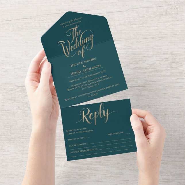 All In One Emerald Gold Wedding Lettering  All In One Invitation (Tearaway)