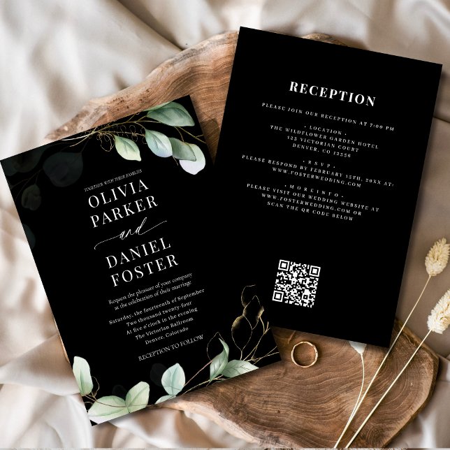 All in One Eucalyptus Black QR Code Wedding Invitation (Creator Uploaded)