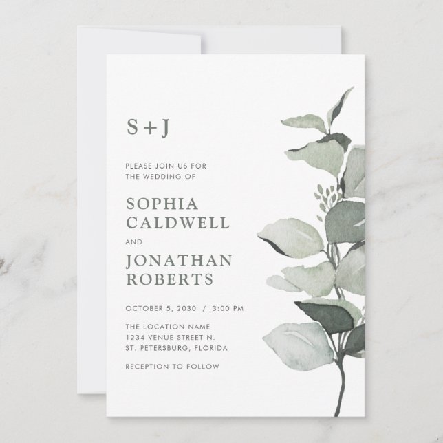 All in One Eucalyptus Botanical Sage Wedding Invitation (Front)