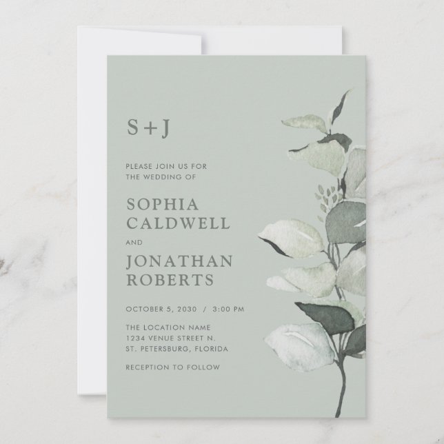 All in One Eucalyptus Botanical Sage Wedding Invitation (Front)