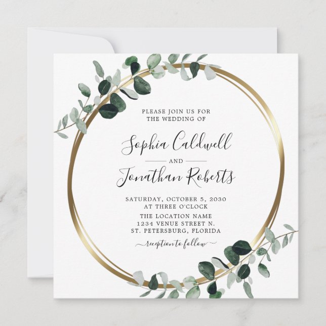 All in One Eucalyptus Gold Metallic Square Wedding Invitation (Front)