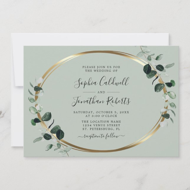 All in One Eucalyptus Gold Sage Horizontal Wedding Invitation (Front)