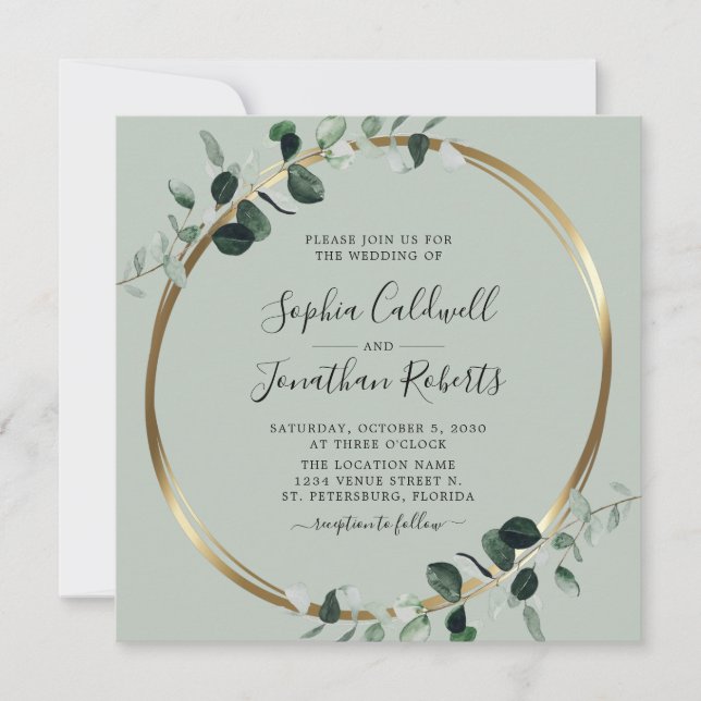 All in One Eucalyptus Gold Sage Square Wedding Invitation (Front)
