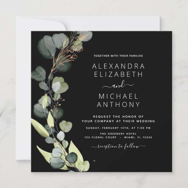 All in One Eucalyptus Greenery Black Wedding Invitation (Front)