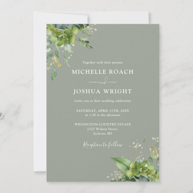 All In One Eucalyptus Greenery Sage Green Wedding Invitation (Front)
